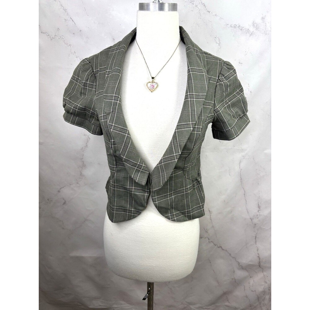 Y2k Dark Acadamia Crop Short Sleeve Blazer Hook Eye Green Plaid S USA Retro Goth